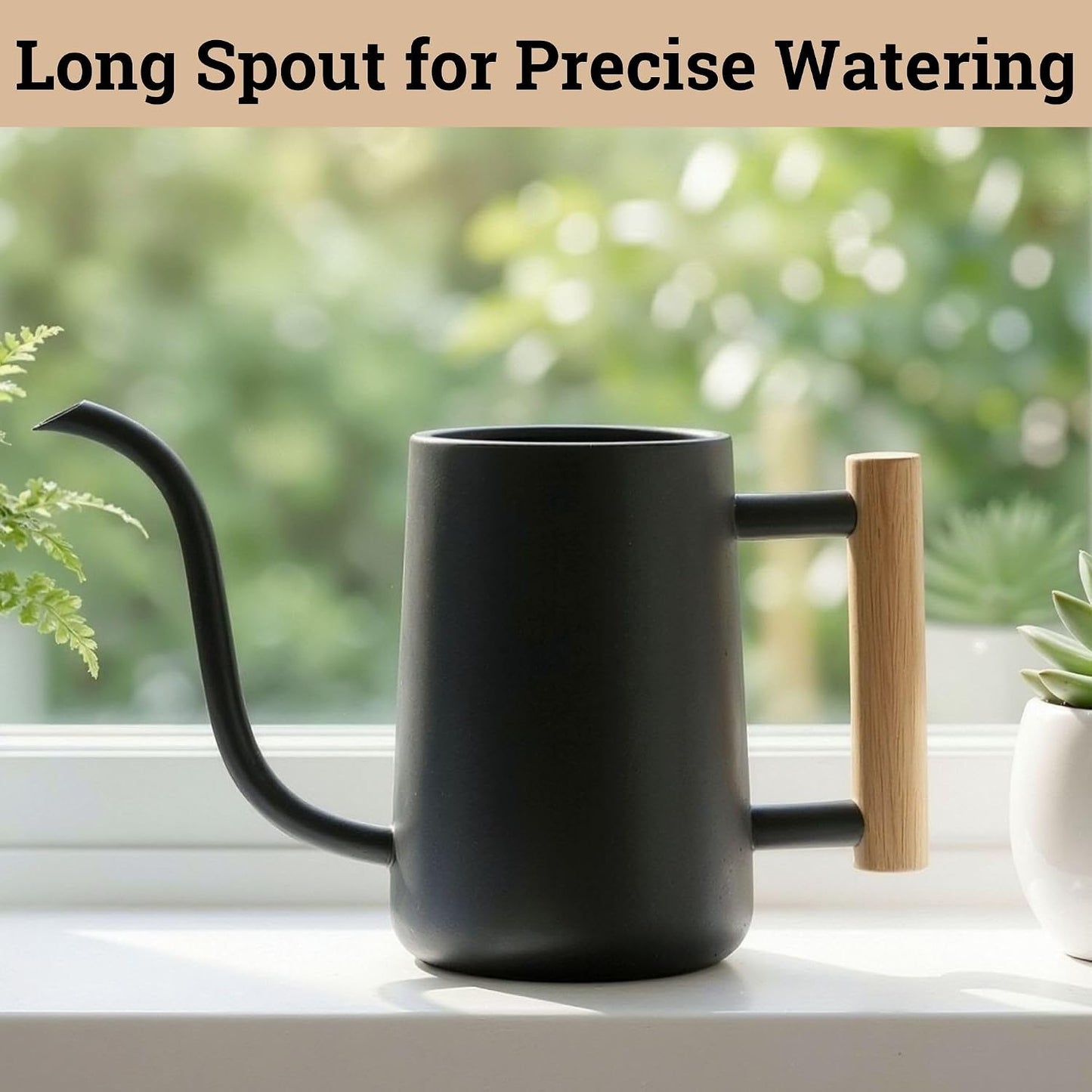 Metal Small Indoor Watering Can with Long Spout & Real Wood Handle, 35oz