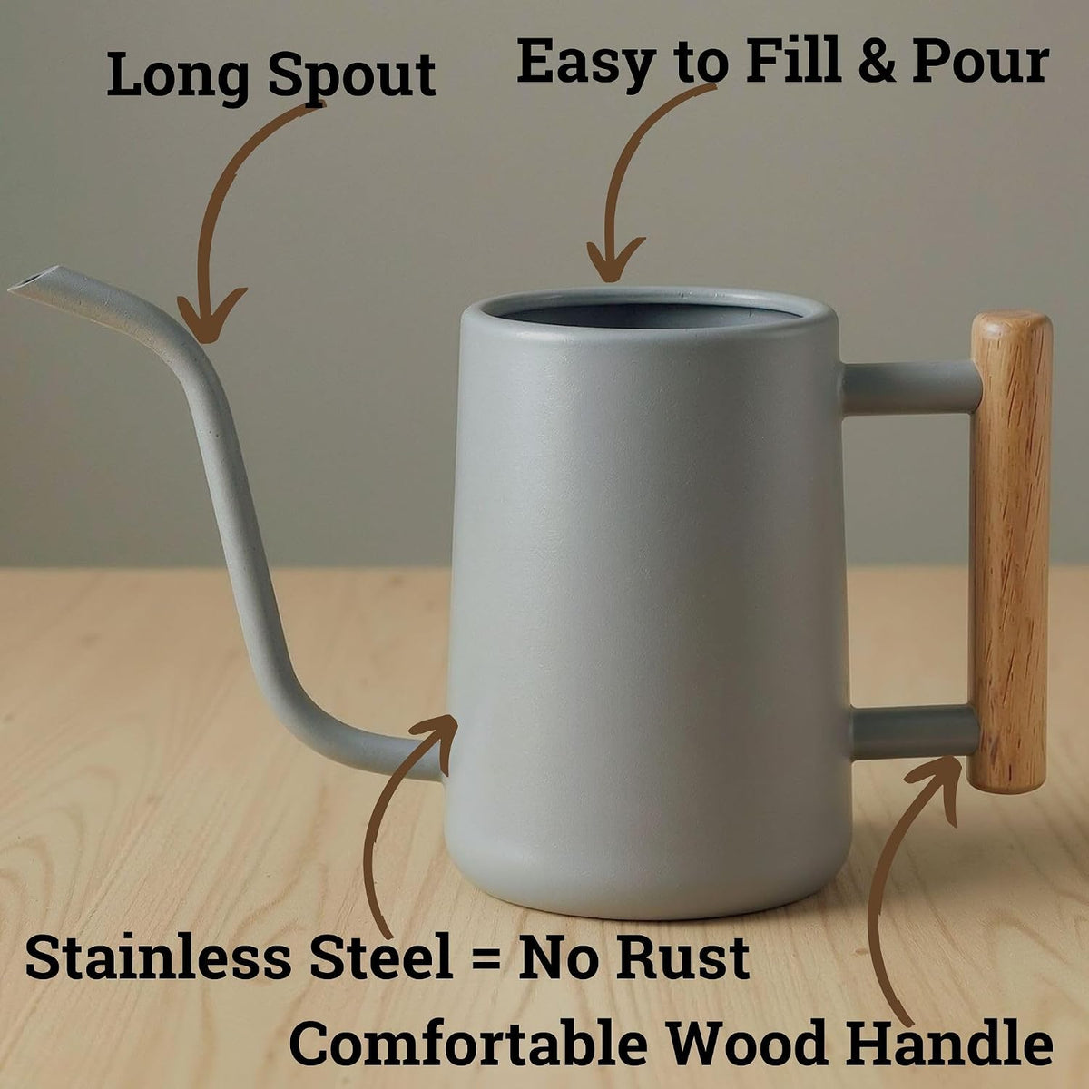 Metal Small Indoor Watering Can with Long Spout & Real Wood Handle, 35oz
