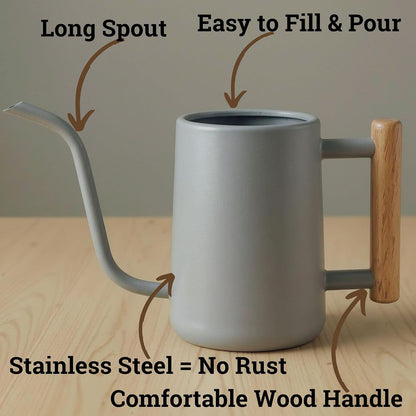 Metal Small Indoor Watering Can with Long Spout & Real Wood Handle, 35oz