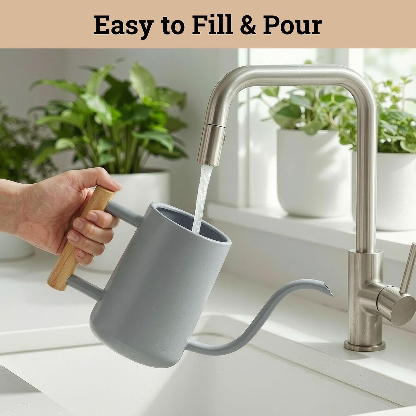 Metal Small Indoor Watering Can with Long Spout & Real Wood Handle, 35oz