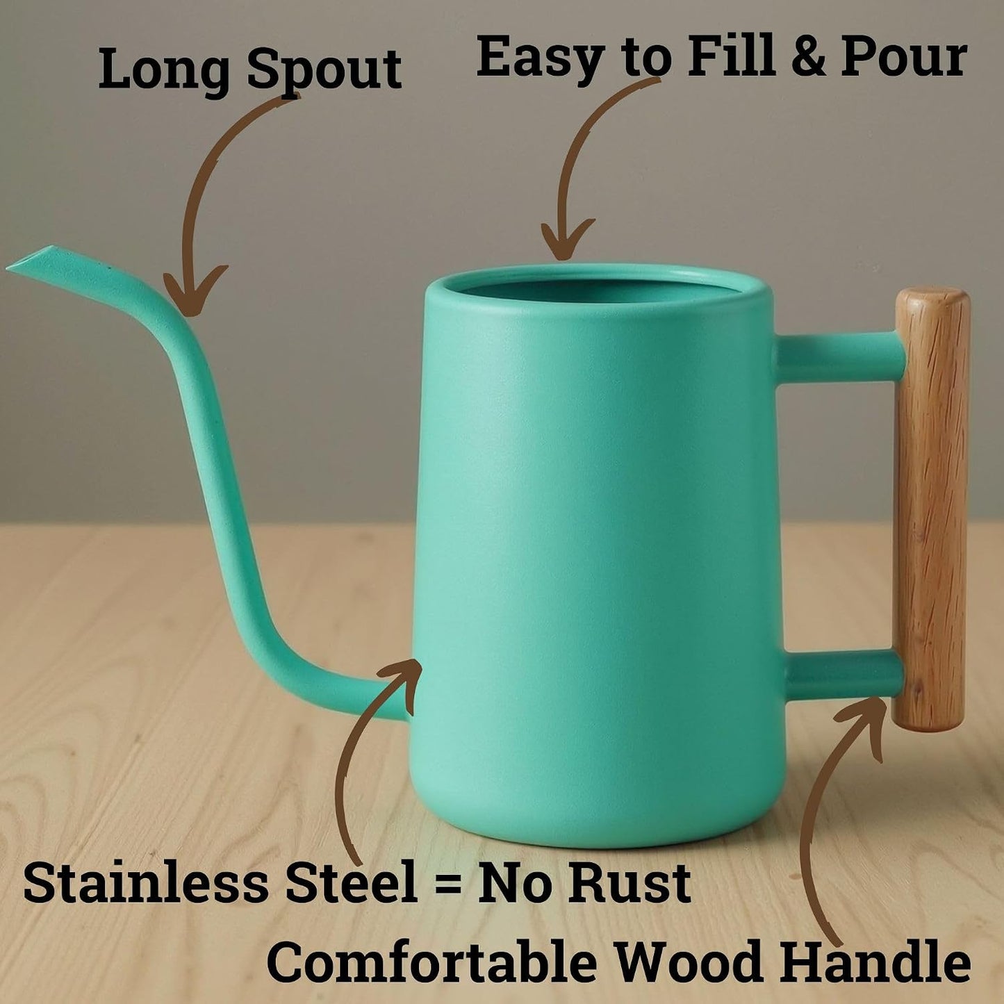 Metal Small Indoor Watering Can with Long Spout & Real Wood Handle, 35oz