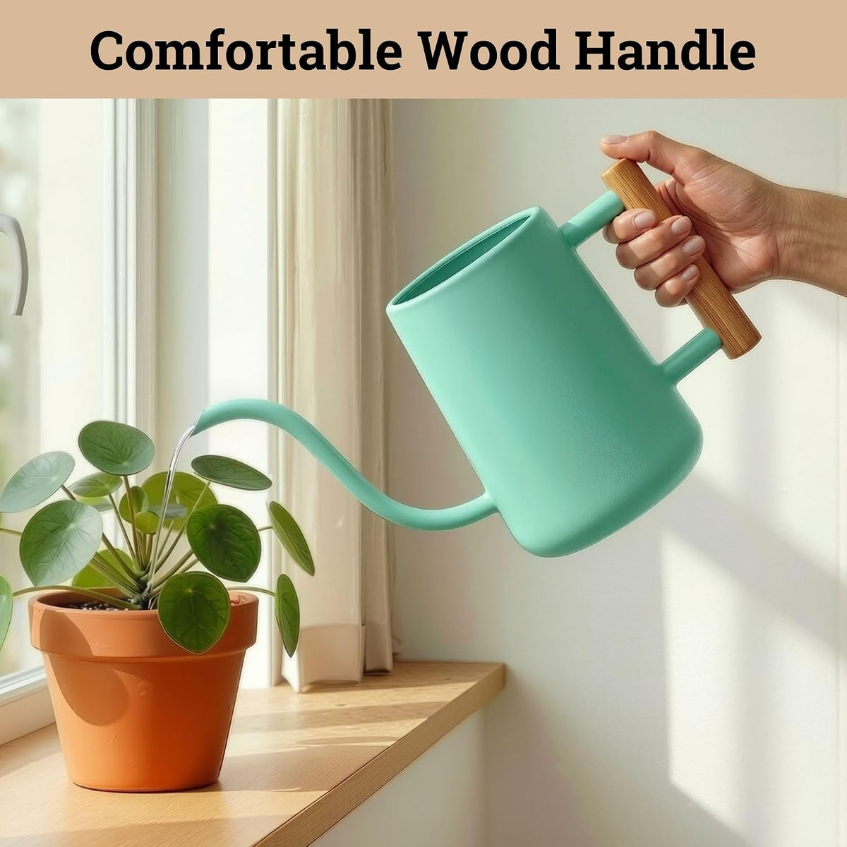 Metal Small Indoor Watering Can with Long Spout & Real Wood Handle, 35oz