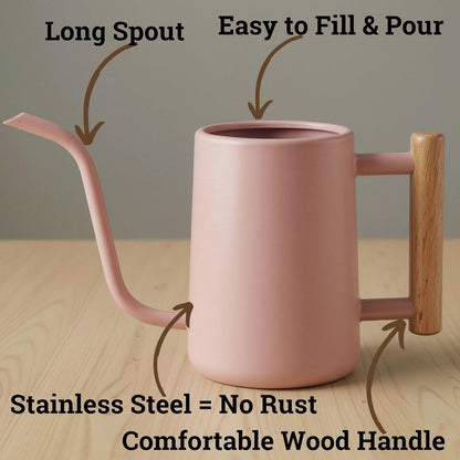 Metal Small Indoor Watering Can with Long Spout & Real Wood Handle, 35oz