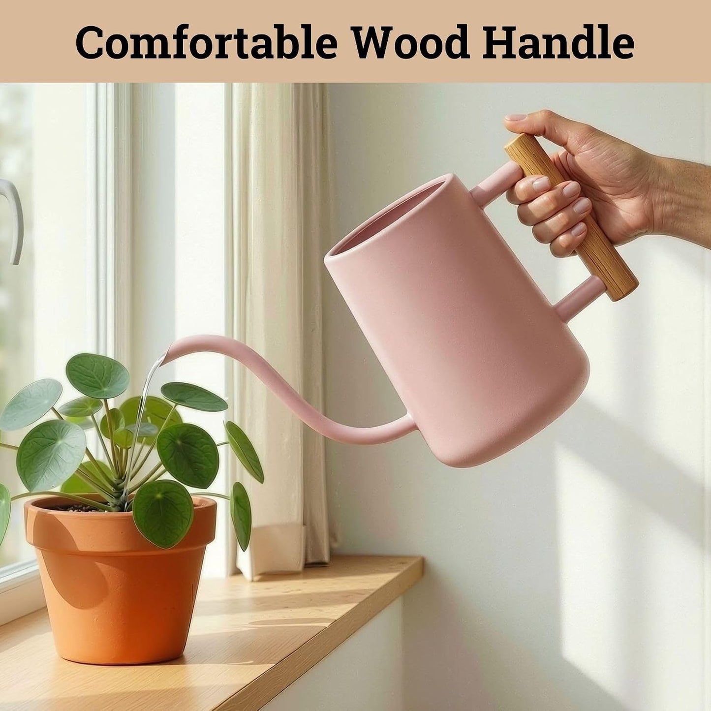 Metal Small Indoor Watering Can with Long Spout & Real Wood Handle, 35oz