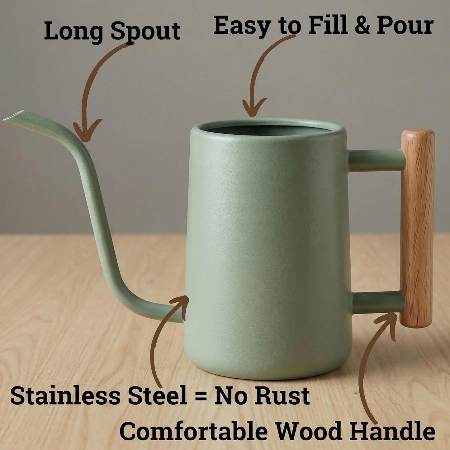 Metal Small Indoor Watering Can with Long Spout & Real Wood Handle, 35oz