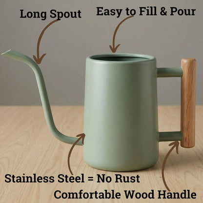 Metal Small Indoor Watering Can with Long Spout & Real Wood Handle, 35oz