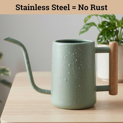 Metal Small Indoor Watering Can with Long Spout & Real Wood Handle, 35oz