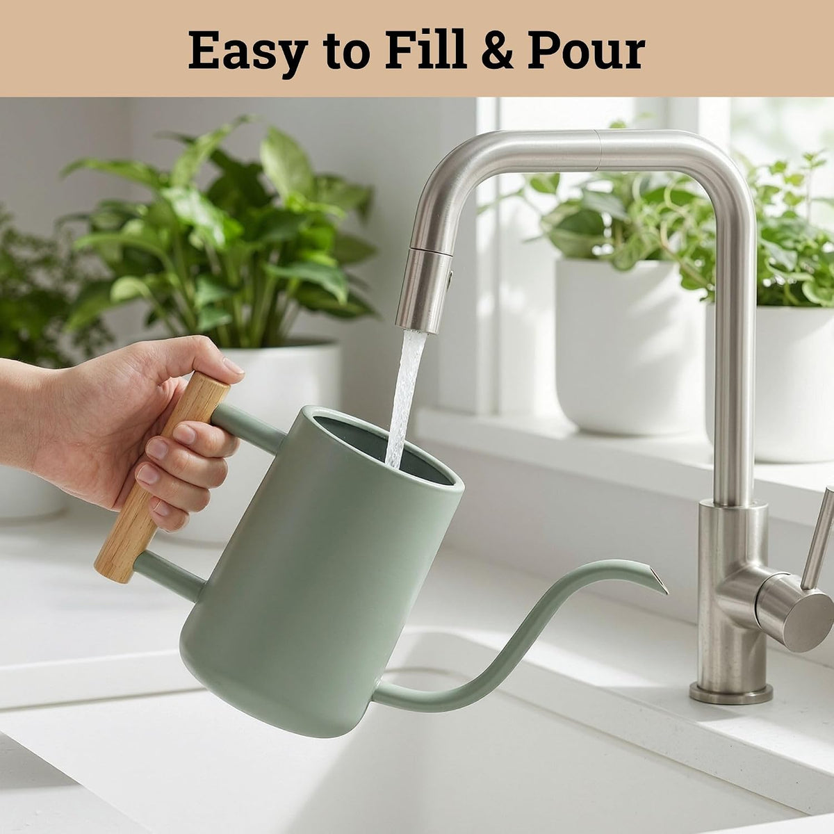 Metal Small Indoor Watering Can with Long Spout & Real Wood Handle, 35oz