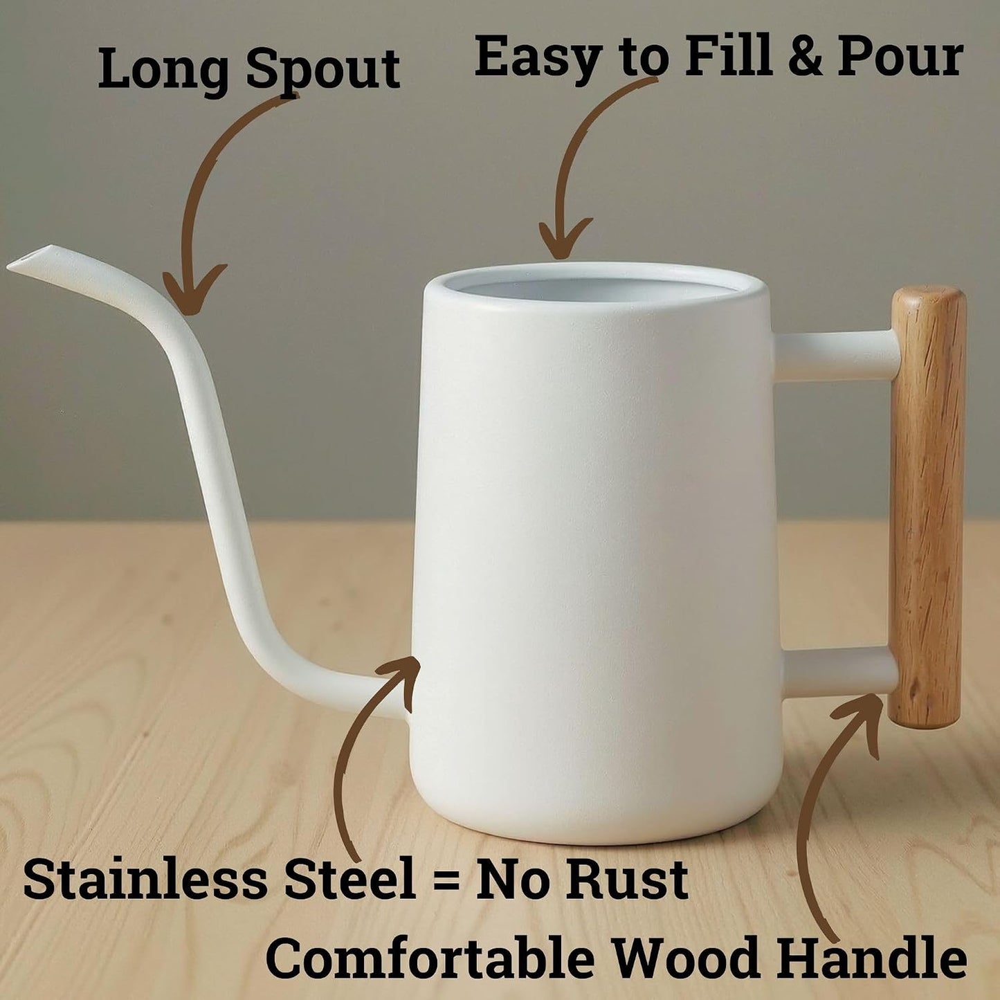 Metal Small Indoor Watering Can with Long Spout & Real Wood Handle, 35oz