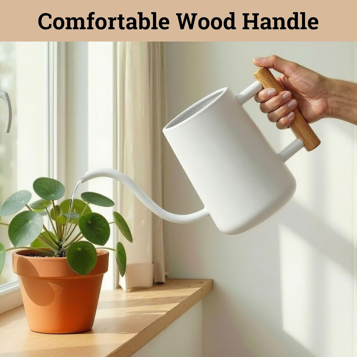Metal Small Indoor Watering Can with Long Spout & Real Wood Handle, 35oz