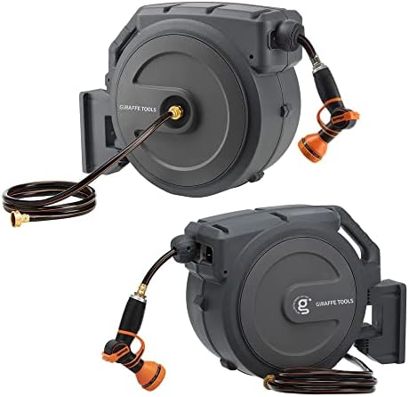 Giraffe Wall Mounted Hose Reel Retractable, 1/2" 78ft Set and Garden Hose Reel 1/2 inch x 130 ft PRO Set with Metal Bracket