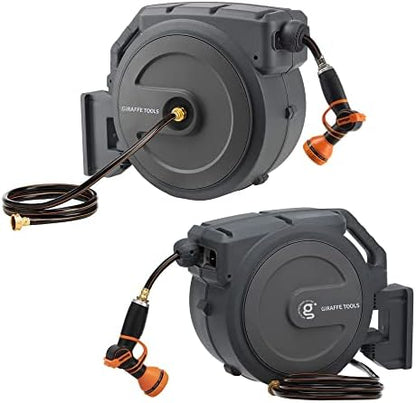 Giraffe Wall Mounted Hose Reel Retractable, 1/2" 78ft Set and Garden Hose Reel 1/2 inch x 130 ft PRO Set with Metal Bracket