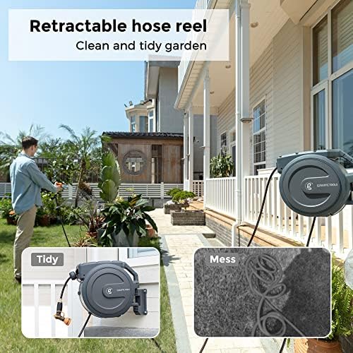 Giraffe Wall Mounted Hose Reel Retractable, 1/2" 78ft Set and Garden Hose Reel 1/2 inch x 130 ft PRO Set with Metal Bracket