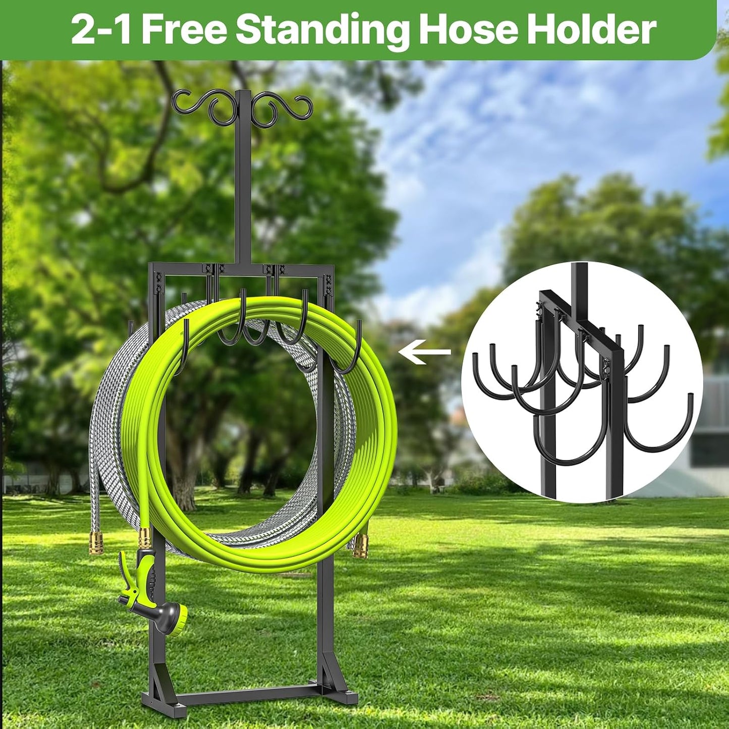 Heavy Duty Garden Hose Holder for Outside - Dual Side Hooks & Shepherd Hook - Freestanding Water Hose Holder - Holds Bird Feeders/Lights/Plants - Sturdy Hose Reel for Outside