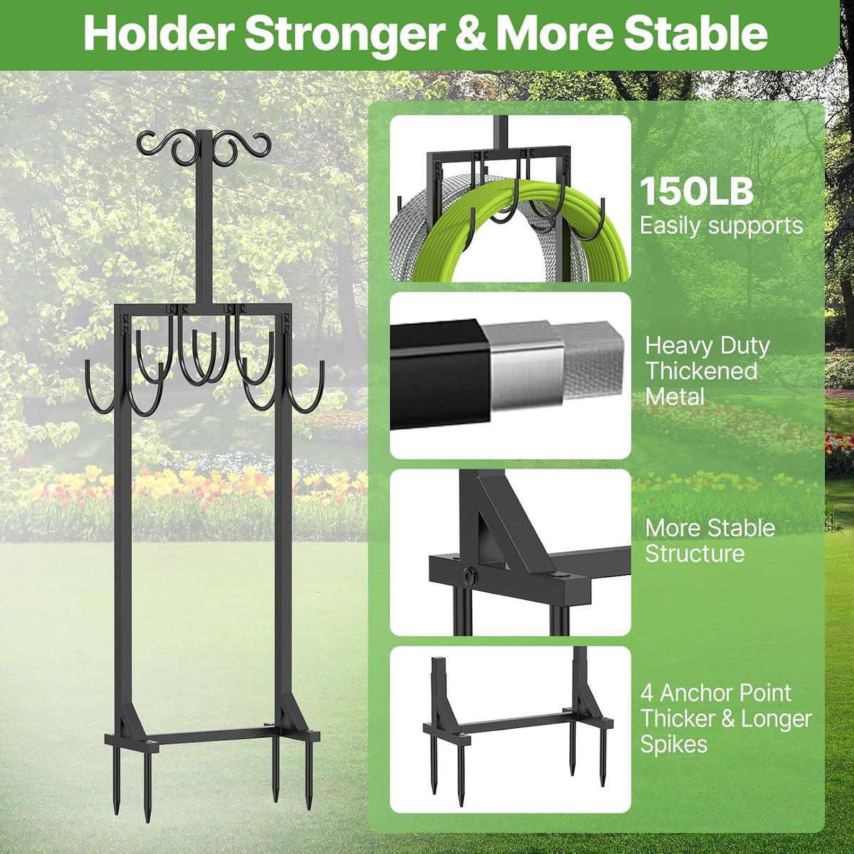 Heavy Duty Garden Hose Holder for Outside - Dual Side Hooks & Shepherd Hook - Freestanding Water Hose Holder - Holds Bird Feeders/Lights/Plants - Sturdy Hose Reel for Outside