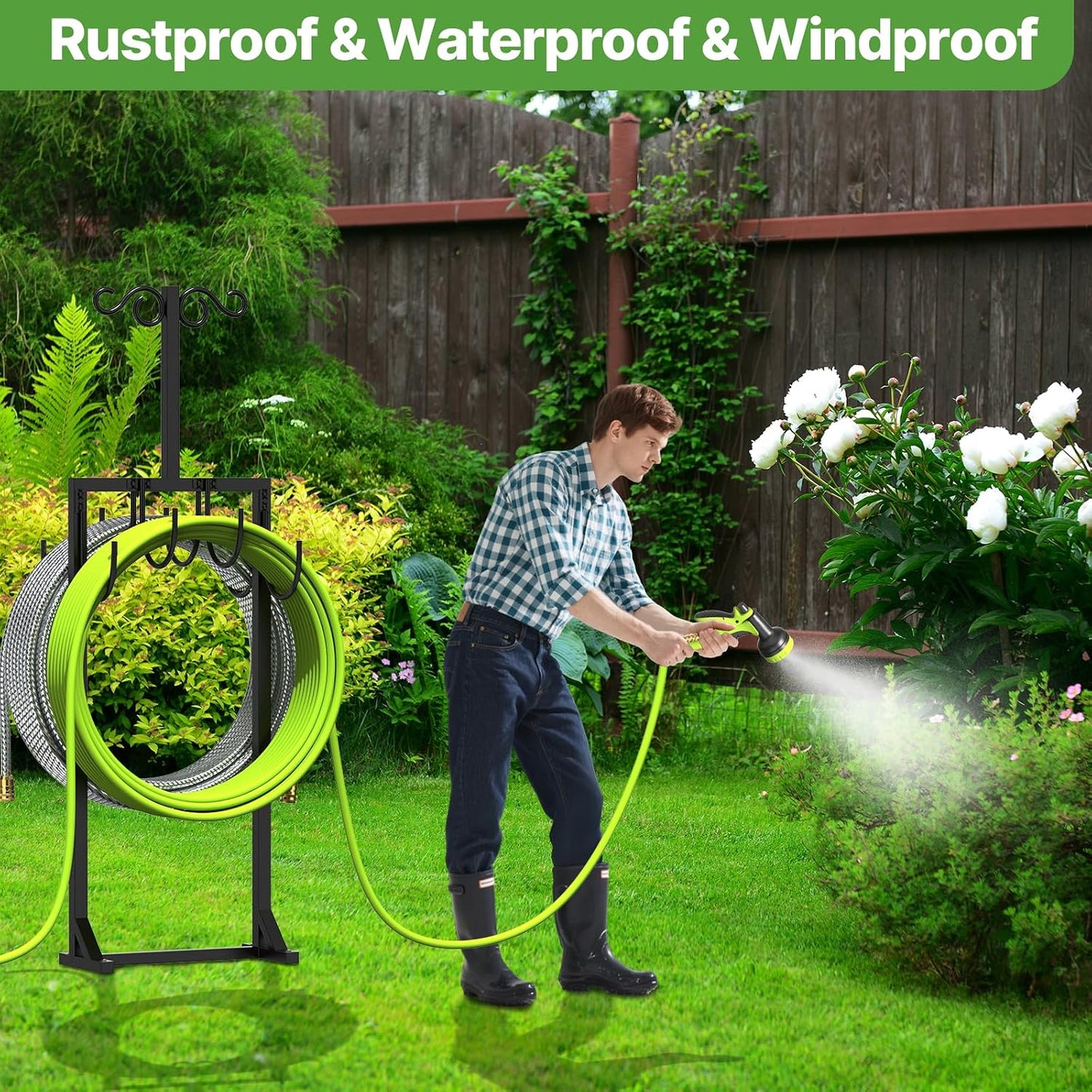 Heavy Duty Garden Hose Holder for Outside - Dual Side Hooks & Shepherd Hook - Freestanding Water Hose Holder - Holds Bird Feeders/Lights/Plants - Sturdy Hose Reel for Outside