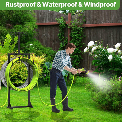 Heavy Duty Garden Hose Holder for Outside - Dual Side Hooks & Shepherd Hook - Freestanding Water Hose Holder - Holds Bird Feeders/Lights/Plants - Sturdy Hose Reel for Outside