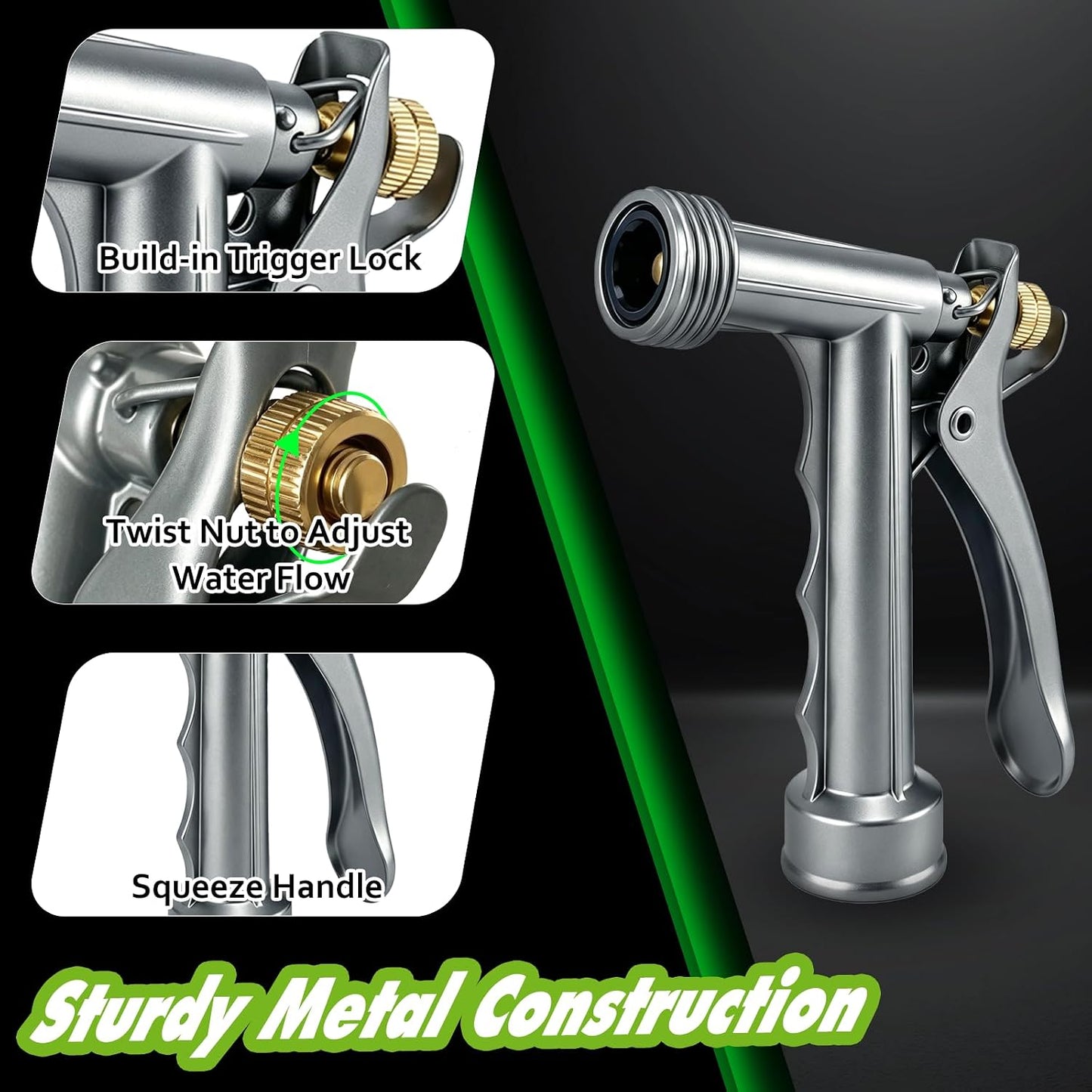 Hose Nozzle 2 Pack, Full Size Pistol Nozzle with Threaded Front