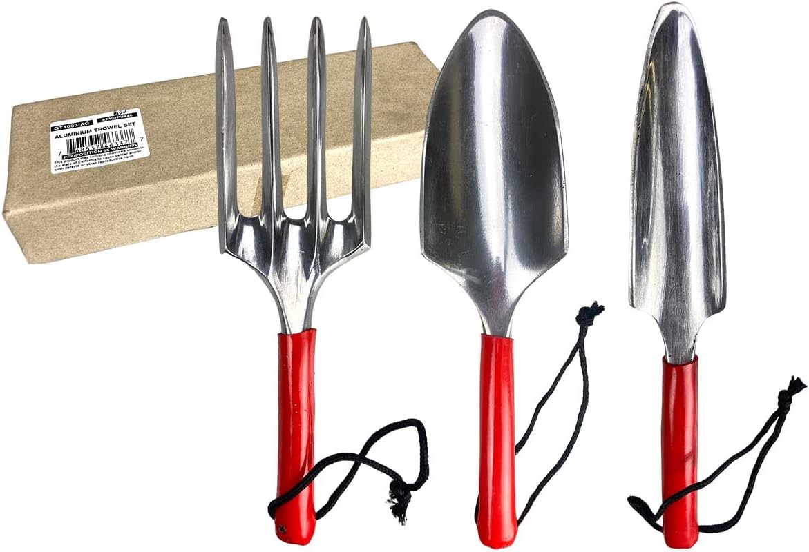 Deluxe Gardening Hand Tool Set | 3-Piece Collection | Hand Fork, Trowel & Transplant Trowel | Steel Finish with Vibrant Red Handles