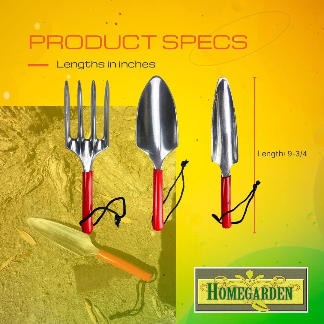 Deluxe Gardening Hand Tool Set | 3-Piece Collection | Hand Fork, Trowel & Transplant Trowel | Steel Finish with Vibrant Red Handles