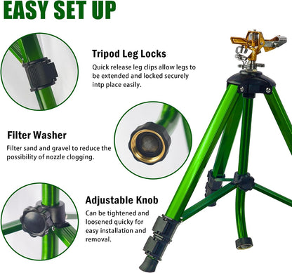 Impact Sprinkler on Tripod Base, Tripod Sprinklers with Head, 360 Degree Large Area Irrigation with Extension Legs Flip Locks, Heavy Duty 3/4" Connector for Lawn Yard Garden