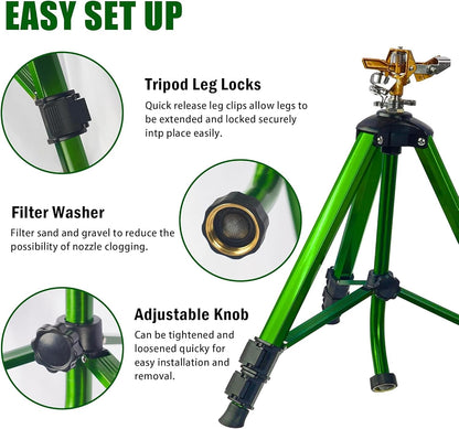 Impact Sprinkler on Tripod Base, Tripod Sprinklers with Head, 360 Degree Large Area Irrigation with Extension Legs Flip Locks, Heavy Duty 3/4" Connector for Lawn Yard Garden