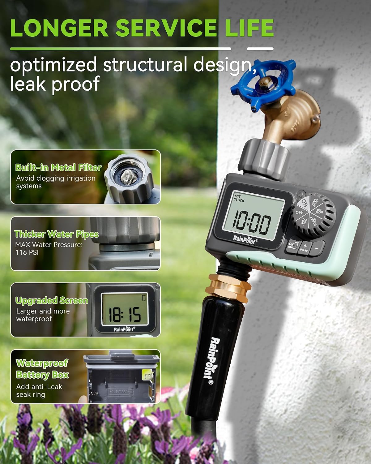 Sprinkler Timer, Programmable Water Timer for Garden Hose, Outdoor Soaker Hose Timed with Rain Delay/Manual/Automatic Watering System, Digital Irrigation for Yard, Lawn, 1 Outlet