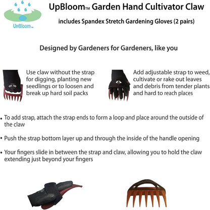 Garden Hand Cultivator Includes 2 Pairs of Spandex Gardening Gloves - ergonomically Designed to rake, dig, Weed, Plant, Aerate and Cultivate Vegetable and Flower beds (Small)