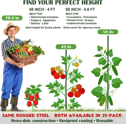 FORUP Garden Stakes, 25 Pack Steel Plant Stakes with Plastic Coating for Climbing Plants, Tomato Eggplant Bean Support, Rust-Resistant Outdoor Garden Stakes (58 Inch)