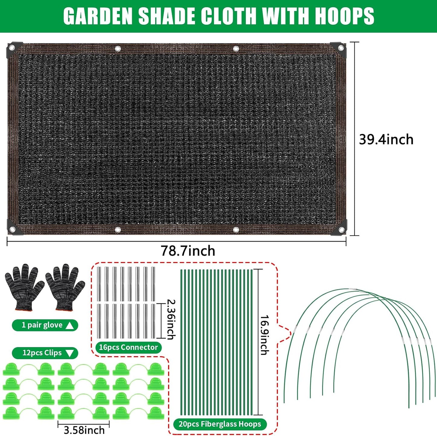 79"x40" Upgraded Garden Shade Kit, 75% Garden Shade Cloth with 11mm Hoops