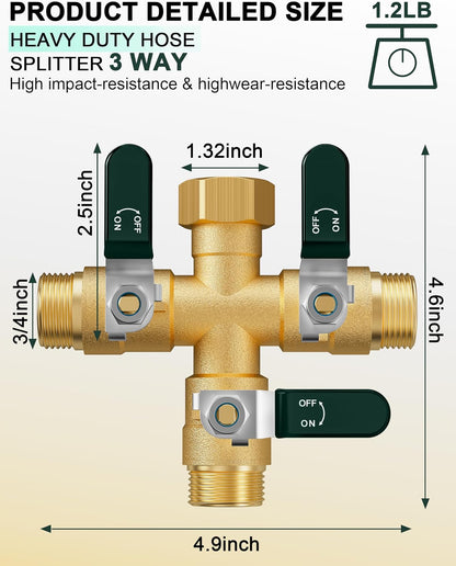 Garden Hose Splitter 3 Way, Heavy Duty Solid Brass Hose Splitter with Shutoff Valves, Water Spigot Splitter With 304 Stainless Steel Handle, Full Flow Outdoor Faucet Splitter, 3/4" GHT Thread