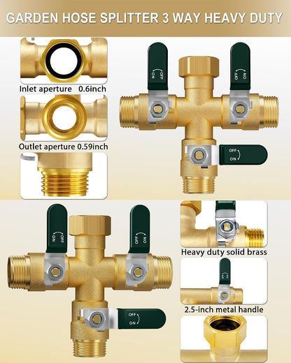 Garden Hose Splitter 3 Way, Heavy Duty Solid Brass Hose Splitter with Shutoff Valves, Water Spigot Splitter With 304 Stainless Steel Handle, Full Flow Outdoor Faucet Splitter, 3/4" GHT Thread