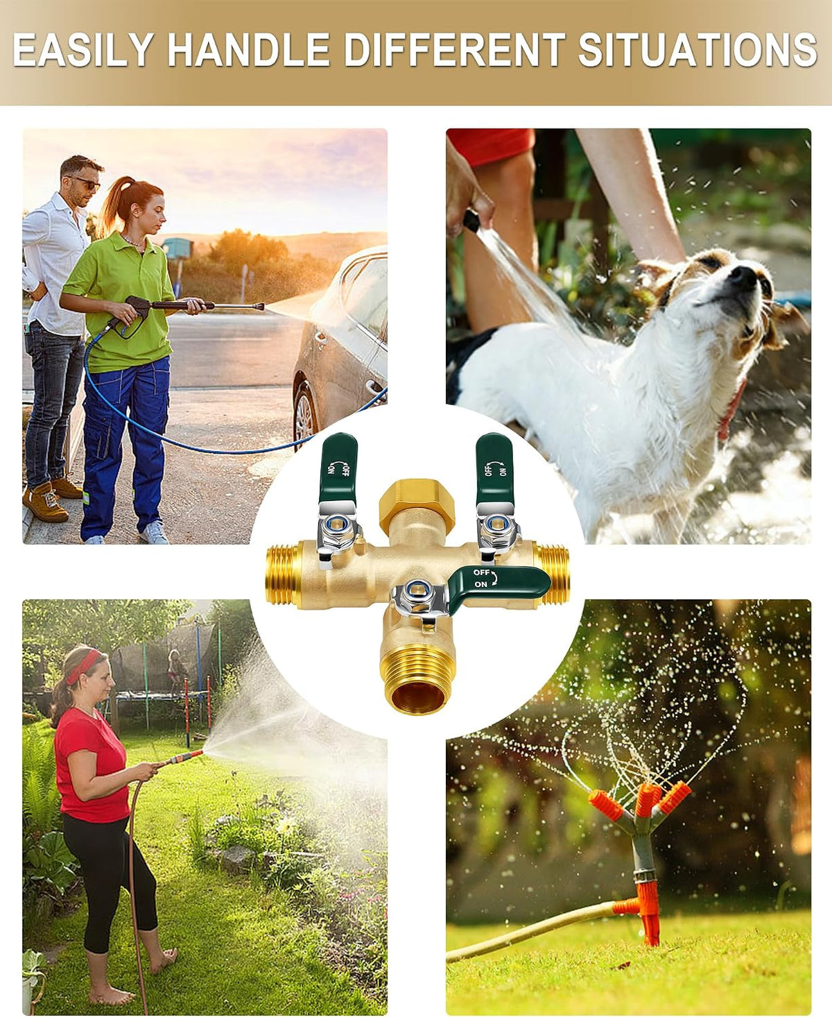 Garden Hose Splitter 3 Way, Heavy Duty Solid Brass Hose Splitter with Shutoff Valves, Water Spigot Splitter With 304 Stainless Steel Handle, Full Flow Outdoor Faucet Splitter, 3/4" GHT Thread