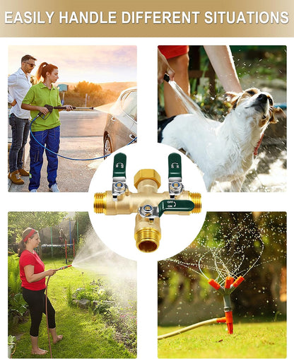 Garden Hose Splitter 3 Way, Heavy Duty Solid Brass Hose Splitter with Shutoff Valves, Water Spigot Splitter With 304 Stainless Steel Handle, Full Flow Outdoor Faucet Splitter, 3/4" GHT Thread