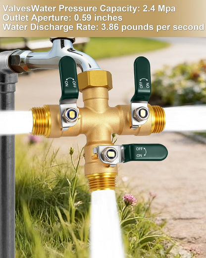 Garden Hose Splitter 3 Way, Heavy Duty Solid Brass Hose Splitter with Shutoff Valves, Water Spigot Splitter With 304 Stainless Steel Handle, Full Flow Outdoor Faucet Splitter, 3/4" GHT Thread