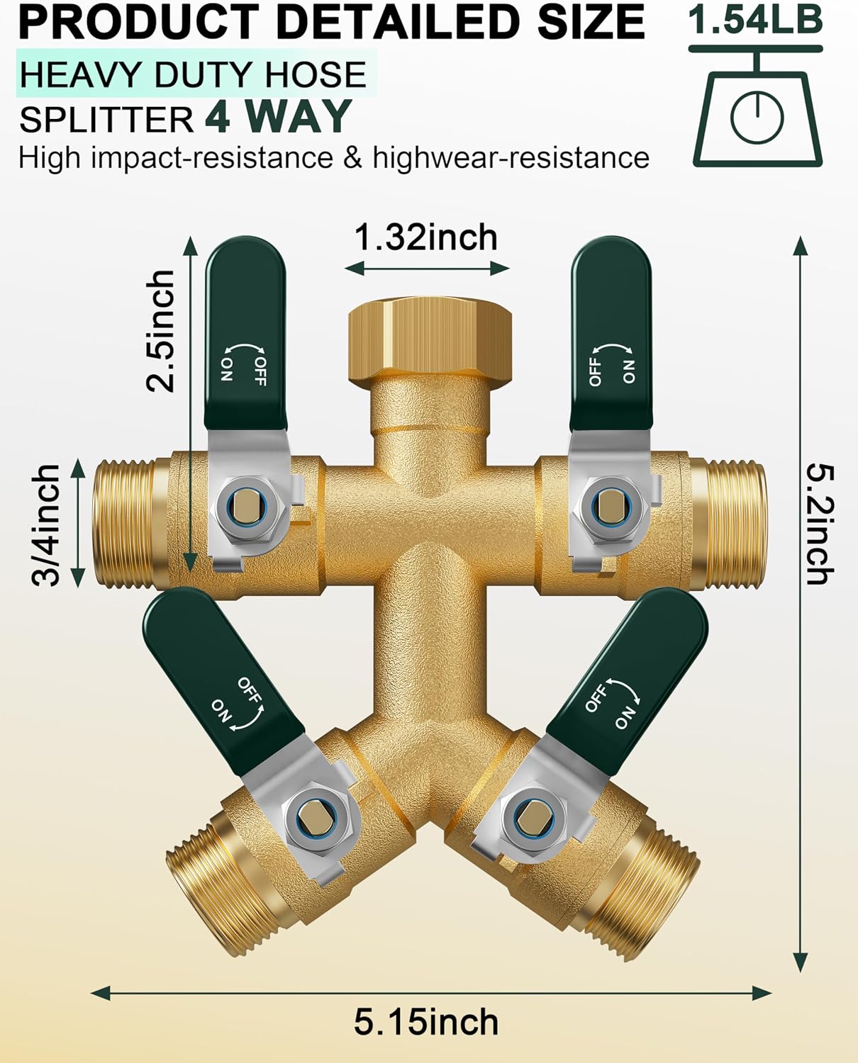 Garden Hose Splitter 3 Way, Heavy Duty Solid Brass Hose Splitter with Shutoff Valves, Water Spigot Splitter With 304 Stainless Steel Handle, Full Flow Outdoor Faucet Splitter, 3/4" GHT Thread