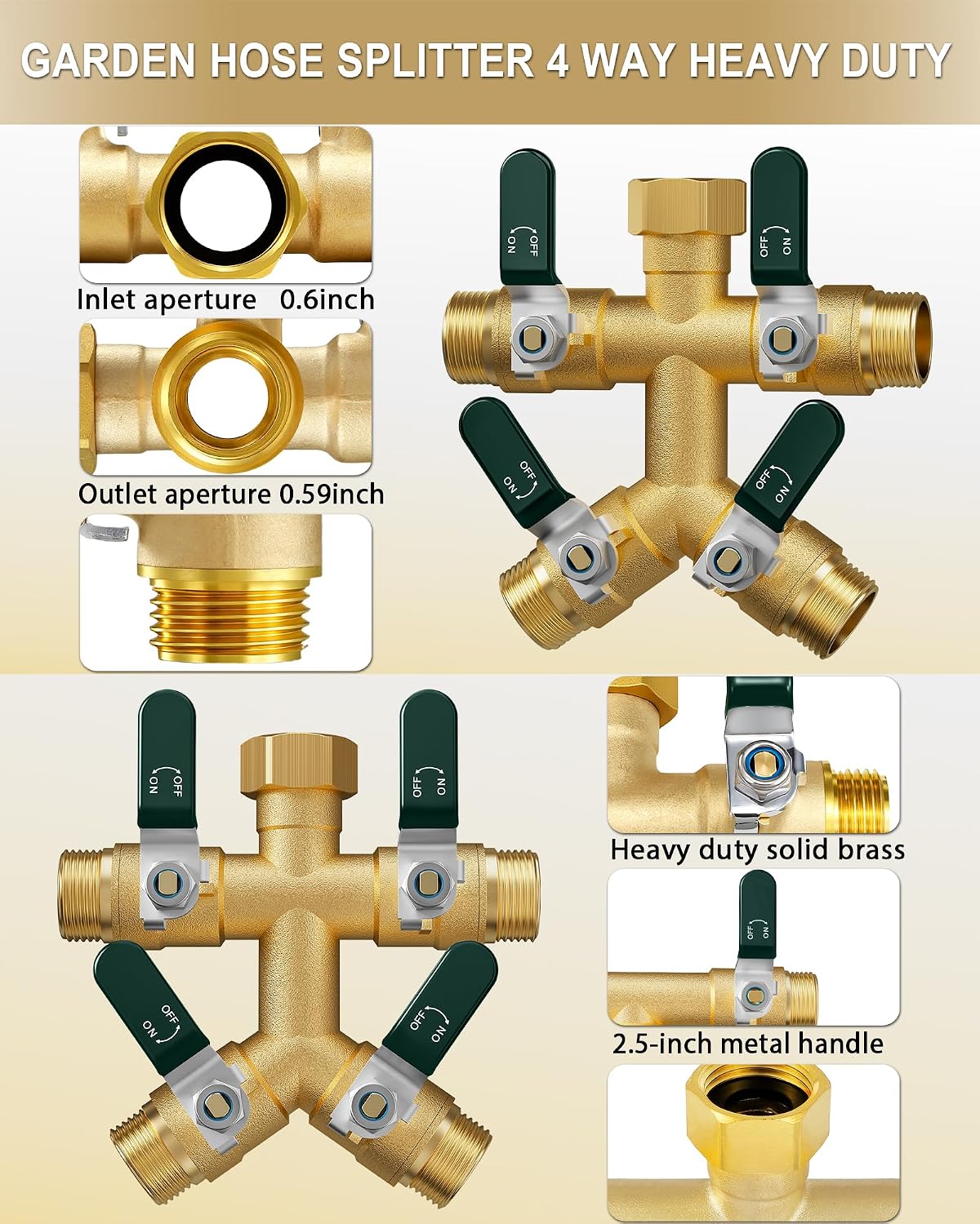 Garden Hose Splitter 3 Way, Heavy Duty Solid Brass Hose Splitter with Shutoff Valves, Water Spigot Splitter With 304 Stainless Steel Handle, Full Flow Outdoor Faucet Splitter, 3/4" GHT Thread