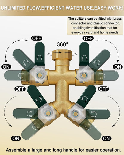 Garden Hose Splitter 3 Way, Heavy Duty Solid Brass Hose Splitter with Shutoff Valves, Water Spigot Splitter With 304 Stainless Steel Handle, Full Flow Outdoor Faucet Splitter, 3/4" GHT Thread