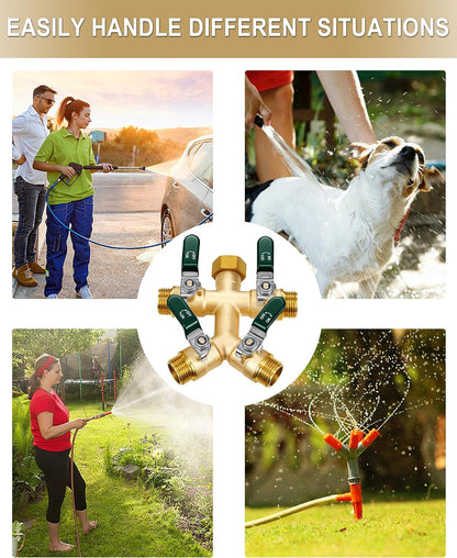 Garden Hose Splitter 3 Way, Heavy Duty Solid Brass Hose Splitter with Shutoff Valves, Water Spigot Splitter With 304 Stainless Steel Handle, Full Flow Outdoor Faucet Splitter, 3/4" GHT Thread