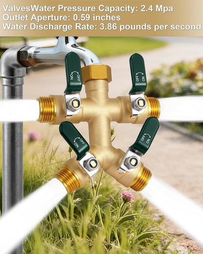 Garden Hose Splitter 3 Way, Heavy Duty Solid Brass Hose Splitter with Shutoff Valves, Water Spigot Splitter With 304 Stainless Steel Handle, Full Flow Outdoor Faucet Splitter, 3/4" GHT Thread