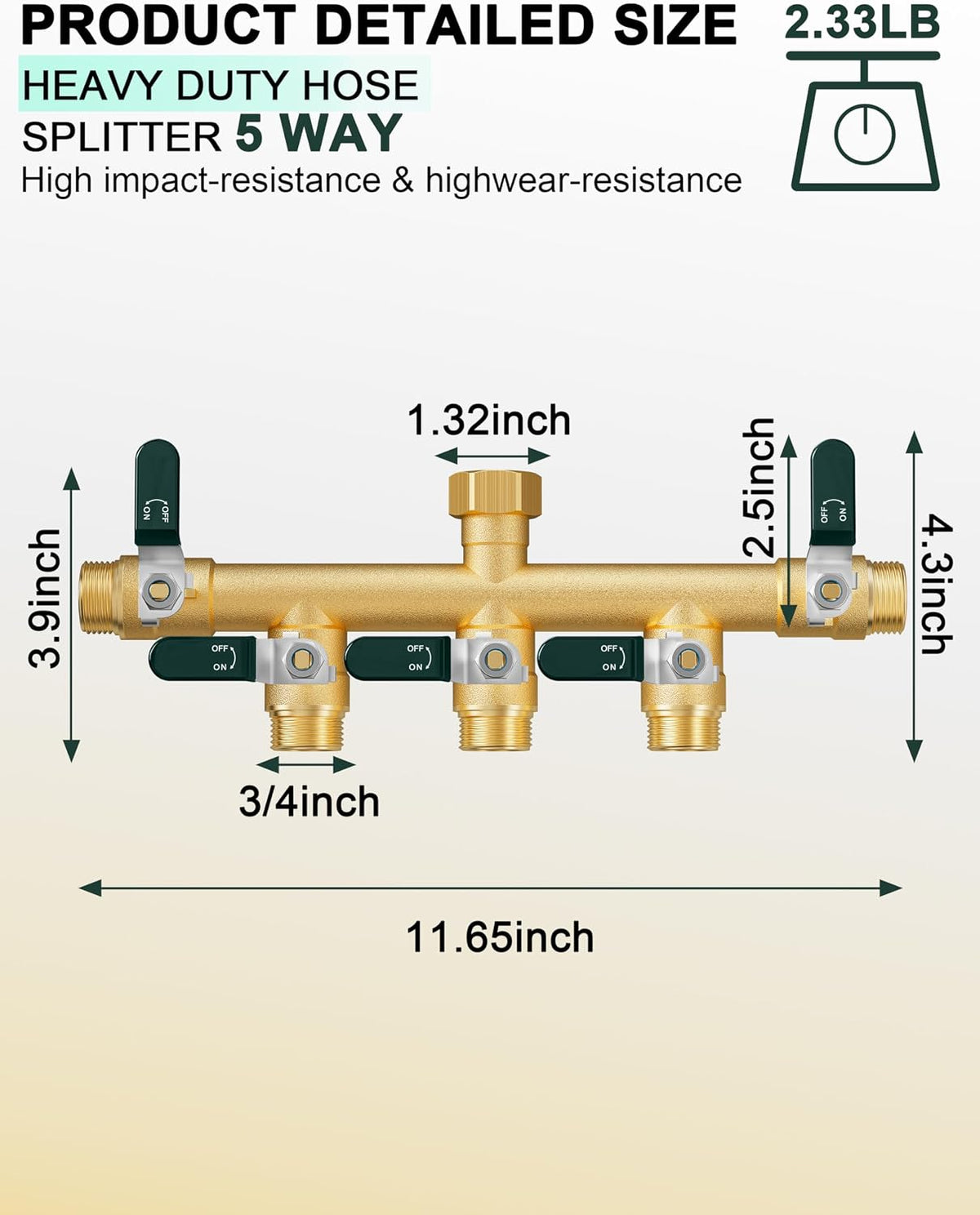 Garden Hose Splitter 3 Way, Heavy Duty Solid Brass Hose Splitter with Shutoff Valves, Water Spigot Splitter With 304 Stainless Steel Handle, Full Flow Outdoor Faucet Splitter, 3/4" GHT Thread