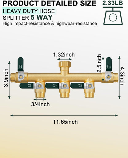 Garden Hose Splitter 3 Way, Heavy Duty Solid Brass Hose Splitter with Shutoff Valves, Water Spigot Splitter With 304 Stainless Steel Handle, Full Flow Outdoor Faucet Splitter, 3/4" GHT Thread