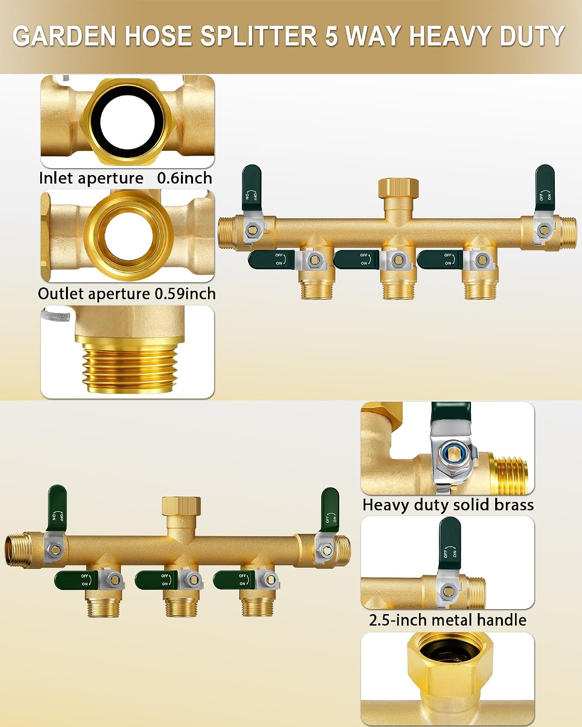 Garden Hose Splitter 3 Way, Heavy Duty Solid Brass Hose Splitter with Shutoff Valves, Water Spigot Splitter With 304 Stainless Steel Handle, Full Flow Outdoor Faucet Splitter, 3/4" GHT Thread