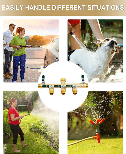 Garden Hose Splitter 3 Way, Heavy Duty Solid Brass Hose Splitter with Shutoff Valves, Water Spigot Splitter With 304 Stainless Steel Handle, Full Flow Outdoor Faucet Splitter, 3/4" GHT Thread