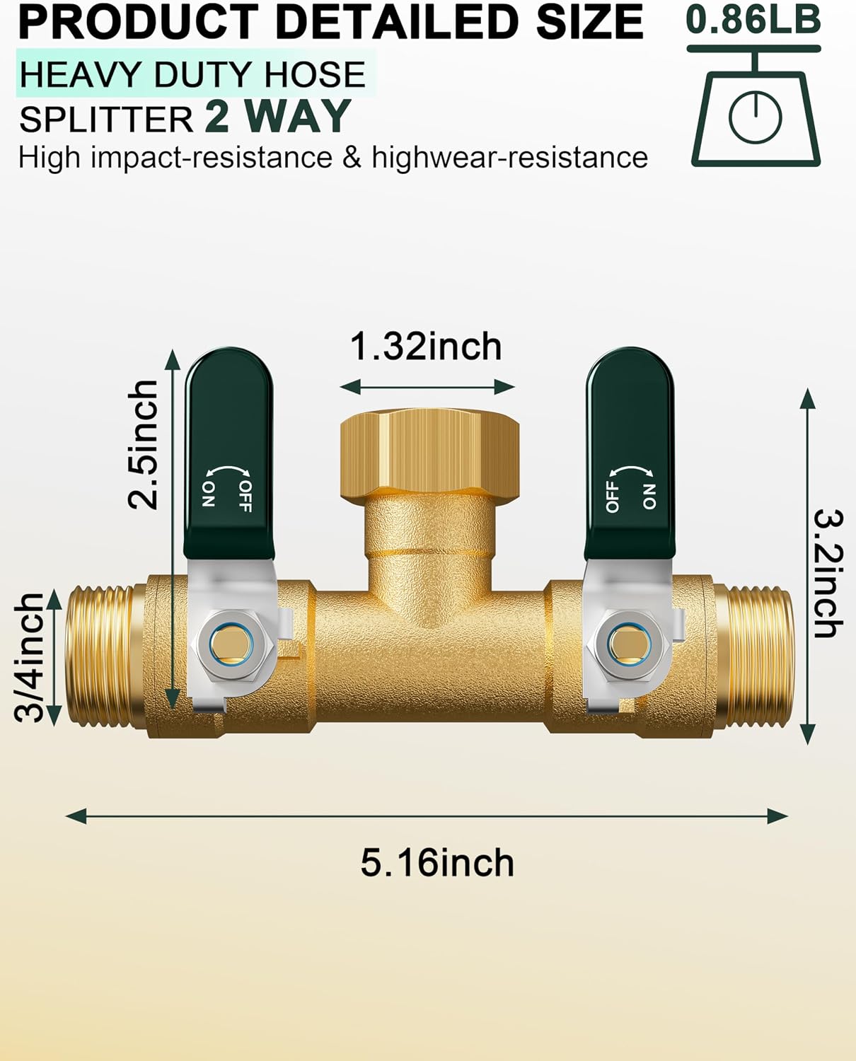 Garden Hose Splitter 3 Way, Heavy Duty Solid Brass Hose Splitter with Shutoff Valves, Water Spigot Splitter With 304 Stainless Steel Handle, Full Flow Outdoor Faucet Splitter, 3/4" GHT Thread