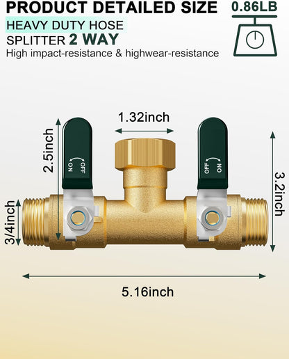 Garden Hose Splitter 3 Way, Heavy Duty Solid Brass Hose Splitter with Shutoff Valves, Water Spigot Splitter With 304 Stainless Steel Handle, Full Flow Outdoor Faucet Splitter, 3/4" GHT Thread