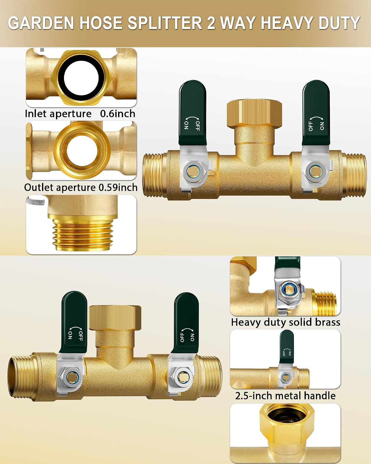 Garden Hose Splitter 3 Way, Heavy Duty Solid Brass Hose Splitter with Shutoff Valves, Water Spigot Splitter With 304 Stainless Steel Handle, Full Flow Outdoor Faucet Splitter, 3/4" GHT Thread