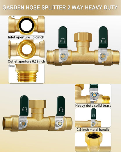 Garden Hose Splitter 3 Way, Heavy Duty Solid Brass Hose Splitter with Shutoff Valves, Water Spigot Splitter With 304 Stainless Steel Handle, Full Flow Outdoor Faucet Splitter, 3/4" GHT Thread
