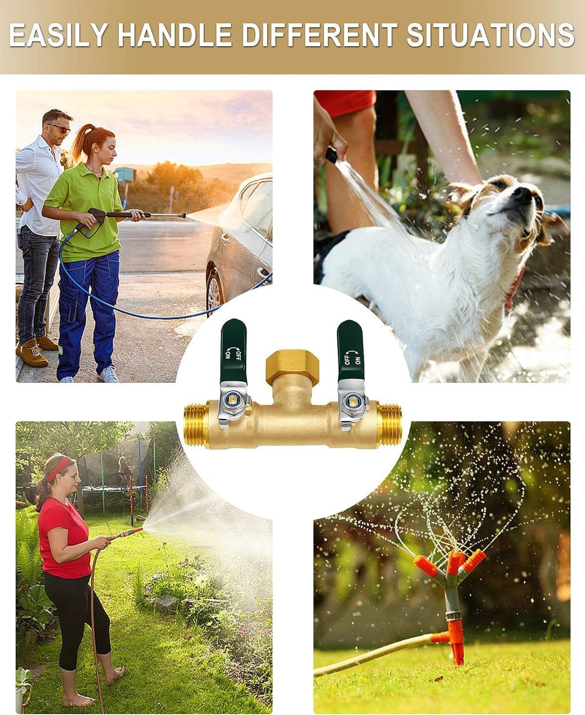 Garden Hose Splitter 3 Way, Heavy Duty Solid Brass Hose Splitter with Shutoff Valves, Water Spigot Splitter With 304 Stainless Steel Handle, Full Flow Outdoor Faucet Splitter, 3/4" GHT Thread