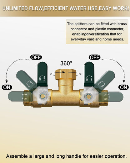 Garden Hose Splitter 3 Way, Heavy Duty Solid Brass Hose Splitter with Shutoff Valves, Water Spigot Splitter With 304 Stainless Steel Handle, Full Flow Outdoor Faucet Splitter, 3/4" GHT Thread